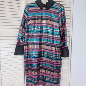 Eloquii Striped Sequin dress with satin collar and wrists